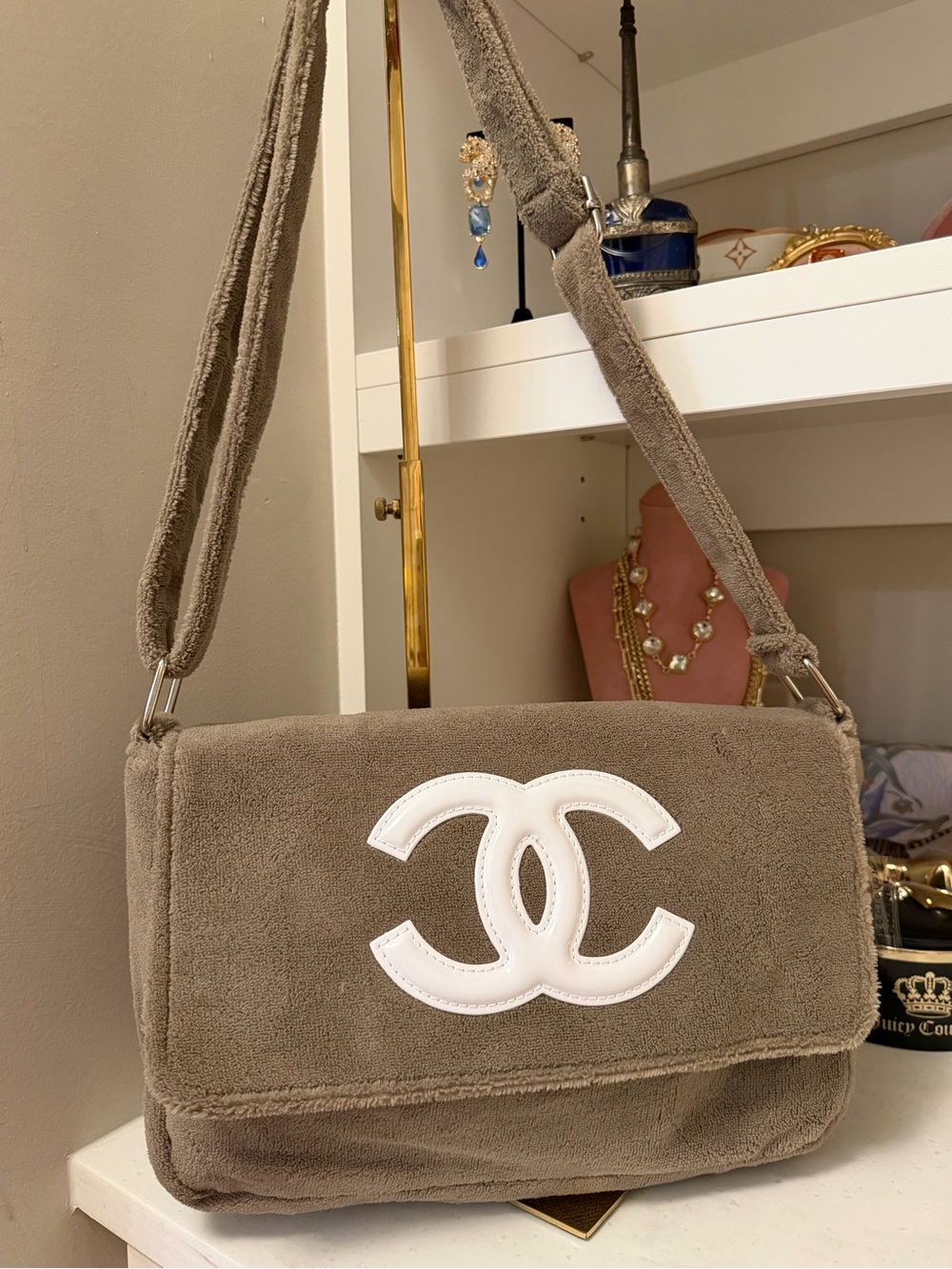 Taupe Plush Shoulder Bag with White Logo